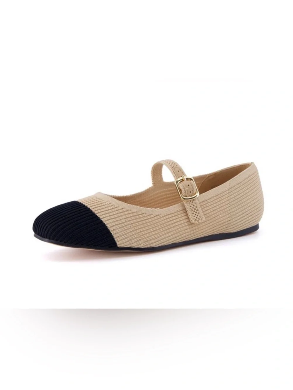 CUSHIONAIRE Women's Petal Mary Jane Knit Flat Beige/Black Size 7.5